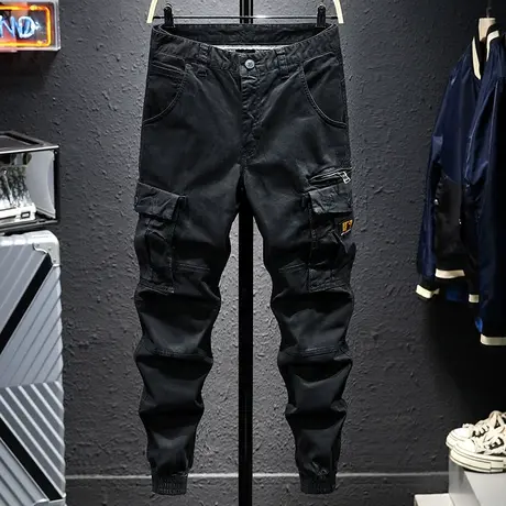 春夏款潮牌工装裤男士小脚束脚裤黑色百搭潮流休闲长裤男生多口袋商品大图