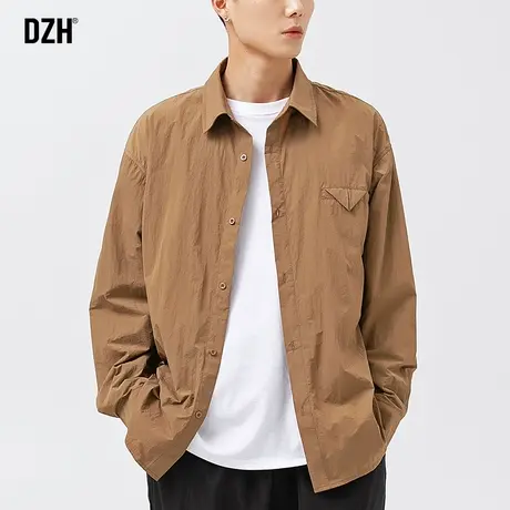 男士休闲翻领衬衫男长袖宽松打底衬衣薄外套2023新款秋季咖色上衣商品大图