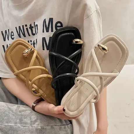 套趾拖鞋女2024年夏季新款时尚百搭低跟法式复古海边沙滩罗马鞋潮商品大图