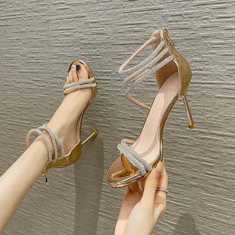 仙女风细跟凉鞋女2024年夏季新款设计感小众一字带气质水钻高跟鞋商品大图