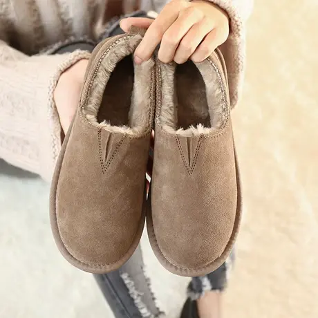 雪地靴女冬短靴浅口真皮加绒豆豆鞋一脚蹬懒人鞋低帮孕妇面包瓢鞋图片