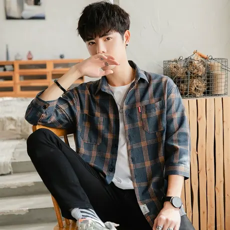 格子衬衫男长袖韩版港风ins寸衫宽松外套夏季春秋格纹学生衬衣服图片