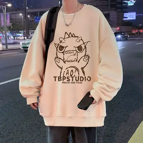 小恐龙印花加厚加绒卫衣男春秋季新款潮牌圆领港风重磅套头打底衫商品大图