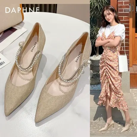 达芙妮香槟金色高跟鞋女2022新款气质名媛高级感尖头细跟法式单鞋图片