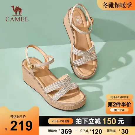 骆驼女鞋2023夏季新款水钻一字带休闲增高坡跟厚底罗马女时装凉鞋图片