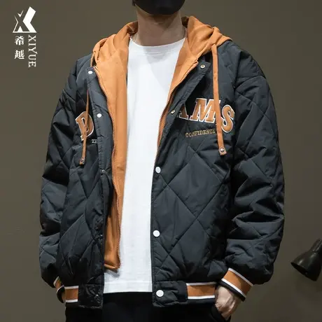 希越假两件空气棉服男连帽外套2023冬季新款宽松大码潮牌男士棉衣商品大图