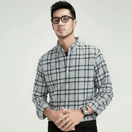 格慕施春秋款纯棉法兰绒长袖衬衫男士大码宽松寸衫商务休闲上衣男图片