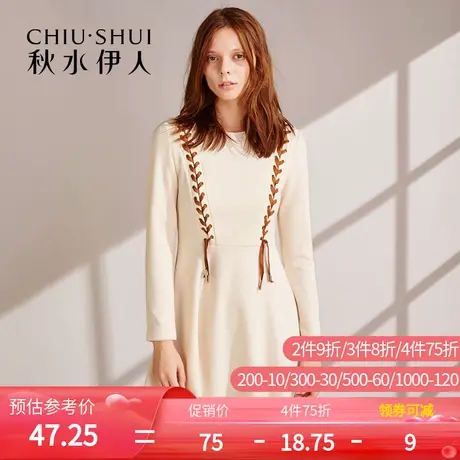 秋水伊人2019冬装新款裙子女圆领时尚绑带装饰长袖连衣裙FV740图片