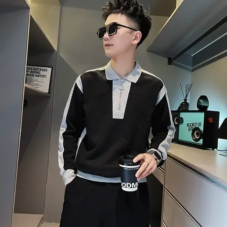 秋季时尚休闲拼色长袖T恤男士POLO衫卫衣潮牌潮流ins学生个性外套商品大图