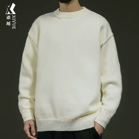 希越820g重磅撞色拼接毛衣男春季新款宽松大码男士休闲百搭针织衫图片