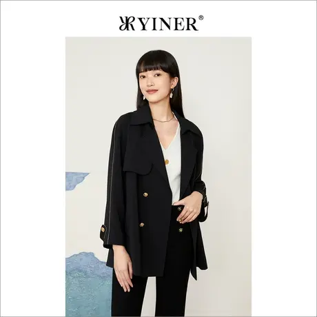 *Goodland女装2022秋季新款西装领简约宽松双排扣风衣商品大图
