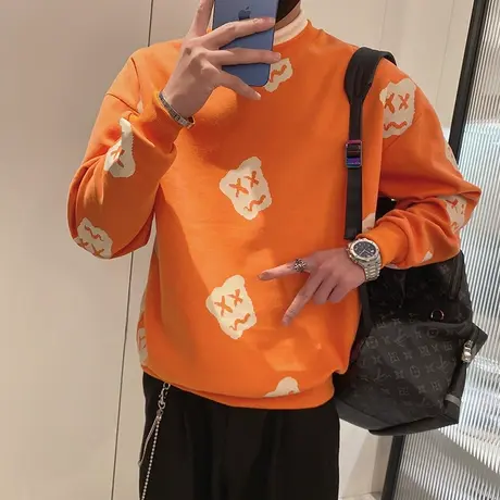 秋季男卫衣t恤上衣修身长袖套头潮牌假两件花色潮流印花圆领体恤商品大图