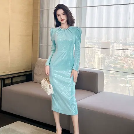 高端精致圆领珍珠亮片连衣裙战袍优雅气质垂坠感包臀修身御姐裙子图片