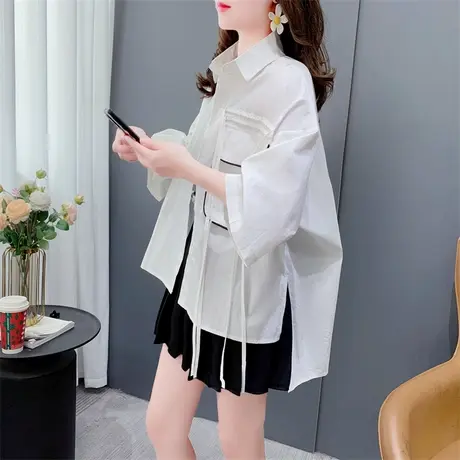 白色半袖衬衫女薄款2023年新款夏季宽松慵懒风洋气休闲设计感上衣商品大图