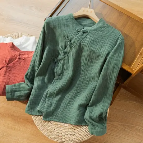 斜襟盘扣全棉上衣文艺复古宽松衬衫女秋冬茶服中国风气质2022新款商品大图