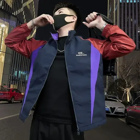 个性拼色冲锋衣立领夹克男春季新款潮牌小众宽松运动休闲工装外套商品大图