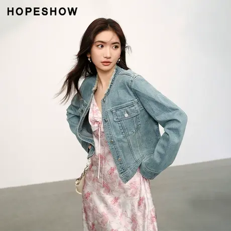 红袖单排扣毛边圆领牛仔外套hopeshow2024春季新款通勤休闲夹克商品大图