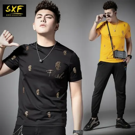 SXF圣希梵T恤男 日系烫钻圆领修身休闲半袖2020夏季新款男士短袖图片