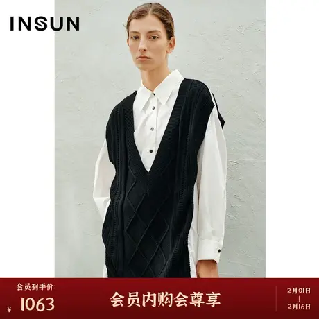 INSUN恩裳秋季衬衫领假两件拼接毛针织衫商品大图