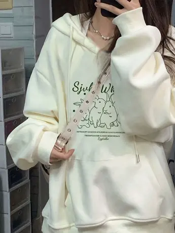 奶呼呼卫衣女秋冬连帽宽松小众设计感港风chic慵懒加绒加厚外套潮图片