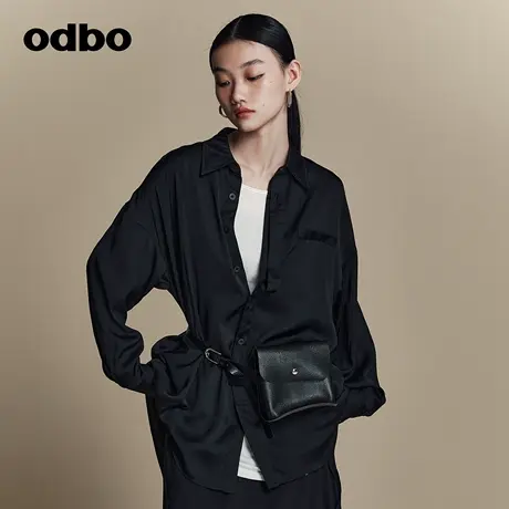 odbo/欧迪比欧原创设计感后背印花长袖衬衫女2023年新款抽褶上衣图片