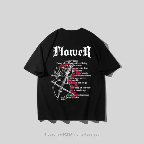 Ohlyah字母玫瑰印花短袖T恤男女夏季美式潮牌宽松百搭纯棉情侣款图片