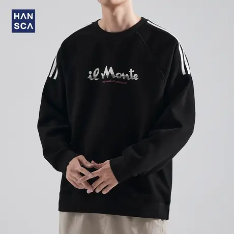 hansca黑色重磅卫衣男秋季新款潮牌痞帅宽松撞色休闲运动圆领长袖商品大图