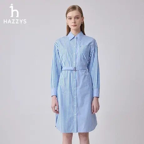 【商场同款】Hazzys哈吉斯休闲条纹长袖连衣裙女新款蓝色宽松裙子图片