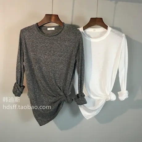 韩国新款雪花棉舒适简约百搭显瘦圆领长袖T恤打底衫上衣女春秋款图片
