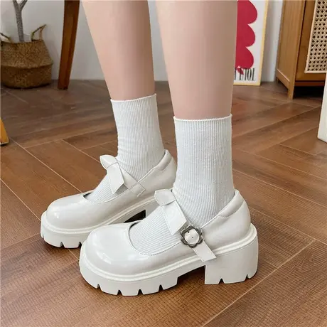 玛丽珍女鞋2024新款春季圆头浅口厚底高跟配裙子白色增高小皮鞋女商品大图