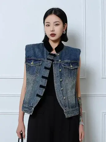 撞色立领国风盘扣牛仔马甲女欧货2024秋季新款时尚复古无袖外套潮商品大图