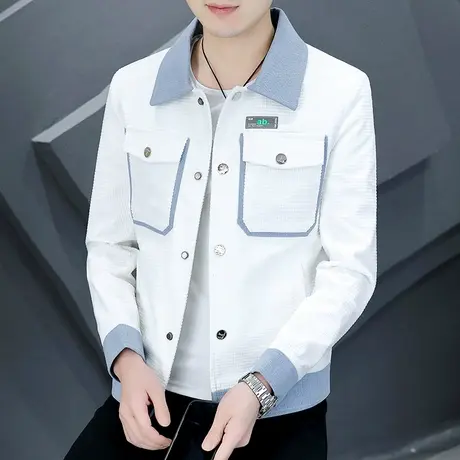 拼接设计感春装2023新款灯芯绒外套男潮流翻领休闲帅气华夫格夹克商品大图