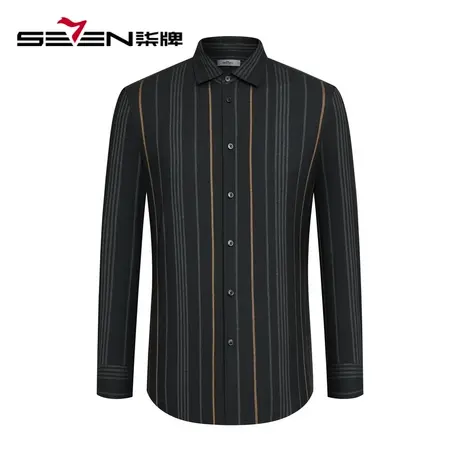 【商场同款】柒牌男装方领长袖衬衫秋季新款时尚休闲撞色条纹衬衣图片