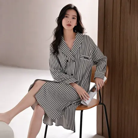 婷美条纹睡裙女春秋款纯棉长袖开衫中长款连体睡衣简约休闲家居服图片