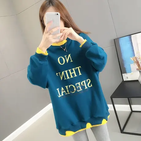 中长款卫衣假两件拼接春秋2022年新款女宽松韩版字母拼色上衣外套商品大图