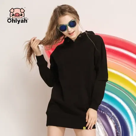 Ohlyah2023冬女装卫衣连帽衫中长款韩版黑色显瘦宽松ins潮慵懒风商品大图