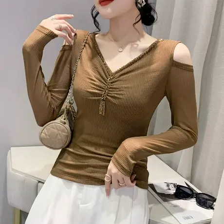 2023春秋新款V领露肩T恤女长袖时尚钉珠网纱打底衫内搭紧身上衣潮商品大图