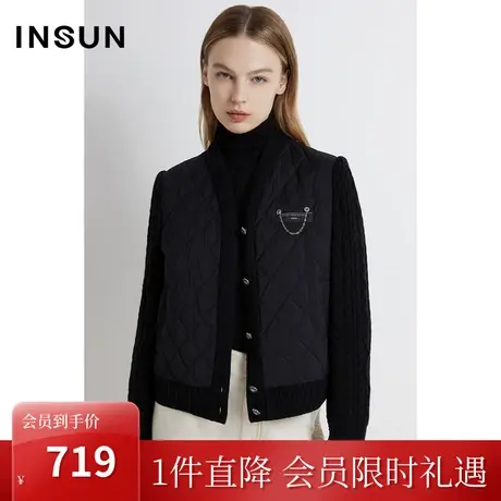 恩裳2023早春新品短款毛织拼接羽绒服女休闲鸭绒黑色外套商品大图