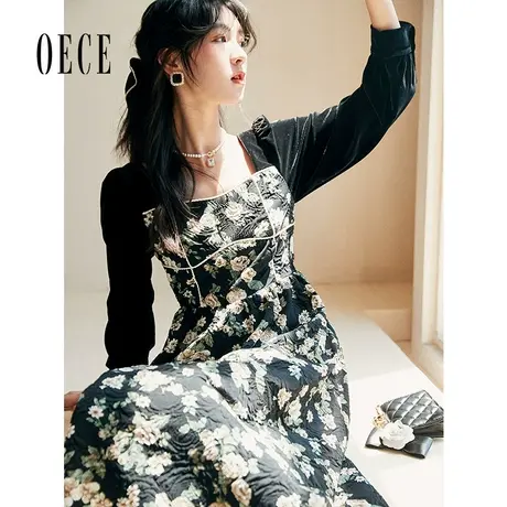 Oece复古碎花裙长裙 春秋新款女印花设计感长袖连衣裙图片