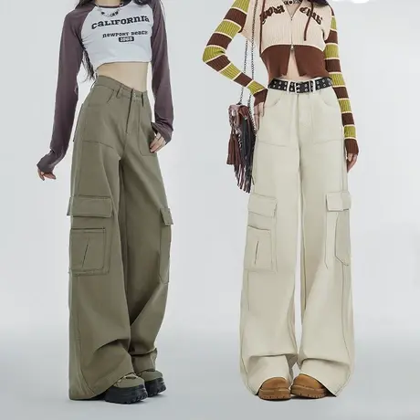 阔腿休闲工装裤女2023年新款秋季高腰口袋百搭垂感拖地宽松直筒裤商品大图