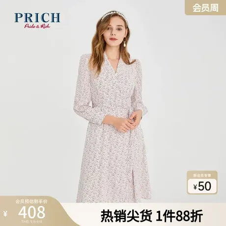 PRICH连衣裙长袖V领印花艺术感温柔职场通勤商务中长款裙子女图片