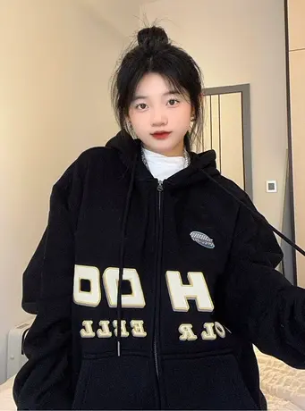 美式复古卫衣女春秋薄款oversize小众高街潮牌ins开衫高级感外套商品大图