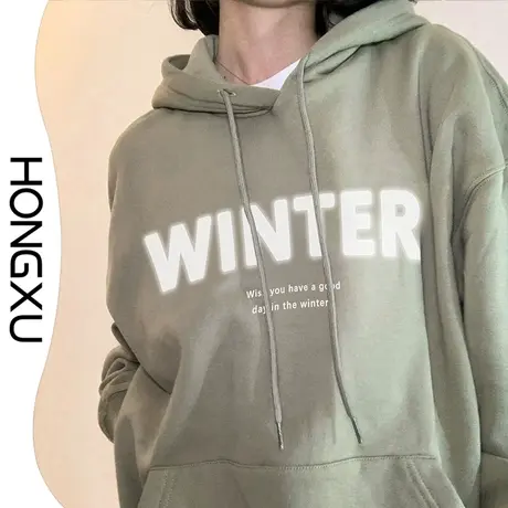 红续秋冬显白绿色卫衣印花连帽2023ins潮加厚休闲简约百搭上衣潮商品大图