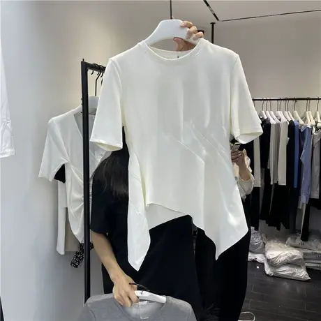 东大门设计感不规则短袖T恤女2022夏季韩版时尚百搭修身圆领上衣商品大图