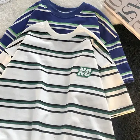 bf港风宽松条纹短袖t恤女潮牌情侣装五分袖夏季圆领休闲百搭体恤商品大图