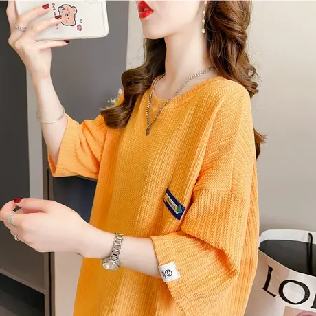 华夫格提花短袖t恤女夏装韩版宽松大码设计感小众中长款上衣服潮图片