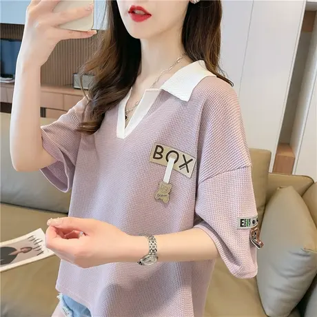 小众设计感V领短袖t恤女2023新款夏季韩版宽松短款撞色翻领上衣服图片