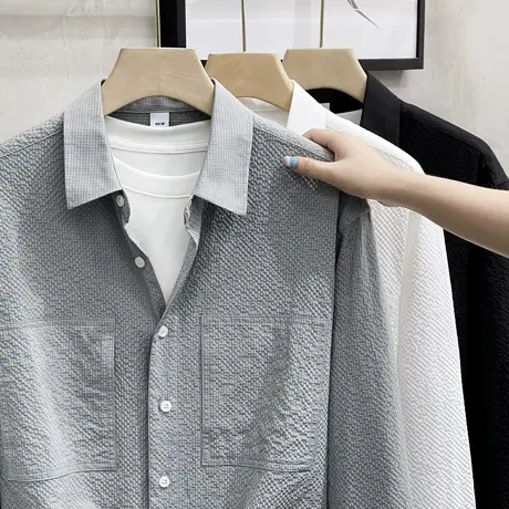 凹凸纹肌理白衬衫男士长袖高级感丝光休闲日系极简轻熟风衬衣男潮商品大图