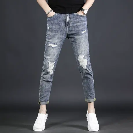 破洞九分牛仔裤男修身小脚夏季薄款2022年新款潮流补丁乞丐裤子男商品大图
