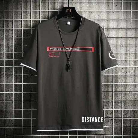 假两件印花圆领半袖男士纯棉短袖T恤夏季薄款夏天打底衫潮流百搭商品大图